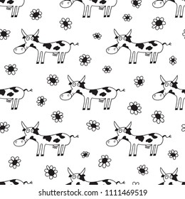 Funny Cow Seamless Pattern. Background for Kids with Hand drawn Doodle Cute Cows and flowers. Cartoon Farm Animals Vector illustration in Scandinavian style