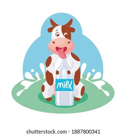 A funny cow sits on the grass, holds a bottle of milk and licks its lips. Vector illustration, cartoon character, postcard, poster, packaging design.