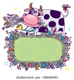 Funny cow with text box. Vector.