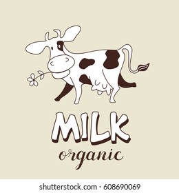 Funny cow. Vector illustration. Milk and milk products emblem.