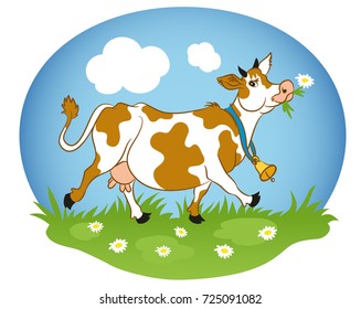 Funny Cow Walking On Green Meadow