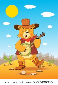 Funny cowboy bear playing banjo