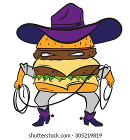 Funny cowboy burger, cheeseburger in a hat and lasso vector illustration