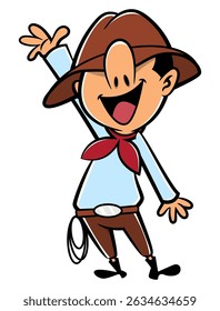 Funny Cowboy cartoon characters, wearing cowboy hat, scarf, and carrying a rope. Winning a rodeo championship. Best for sticker, logo, and mascot with western themes