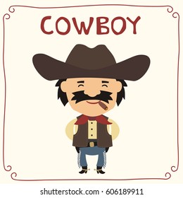 Funny Cowboy With Cigar In Cartoon Style.