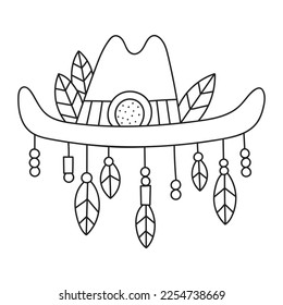 Funny cowboy and cowgirl hat with feathers. Country style accesorise. Coloring page for kids. Cartoon vector illustration. Outlined drawing. Isolated on white. Black lines. Clipart