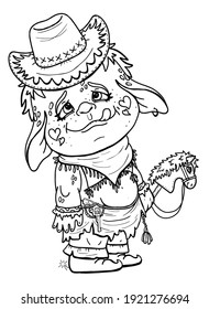 Funny cowboy in a hat and neckerchief with a small revolver and a horse on a stick, plump boy troll in a loincloth and boots, cartoon cute character with chubby cheeks and pointed ears in full growth.