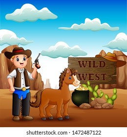 Funny cowboy with horse in the stony desert