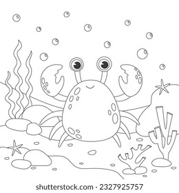 Funny crab cartoon characters. Coloring book for children with crab. Underwater life hand drawn coloring book for kids. Vector stock illustration isolated on white background.