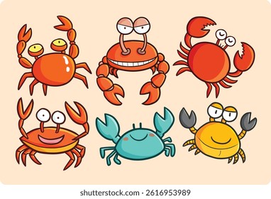 Funny crab character with many expression cartoon set