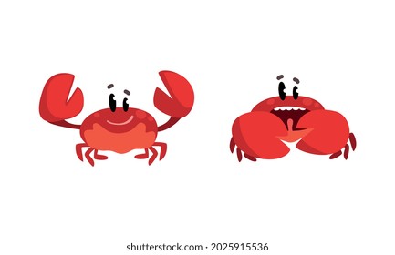Funny Crab Characters Set, Amusement Sea Creatures with Smiling Faces Cartoon Vector Illustration