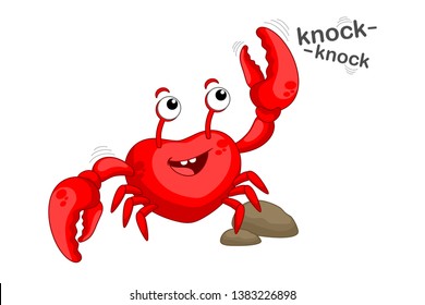 Funny crab clicks claw. Red crab knocks. Vector illustration - crab on white background