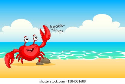 Funny crab clicks claw. Red crab knocks. Vector illustration