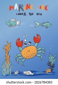funny crab and cute fish graphic for textile fabric print