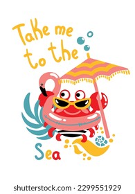 Funny crab with an inflatable flamingo and a sun umbrella is resting on the beach. Summer illustration. Vector.