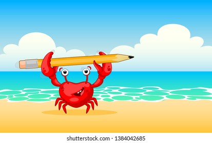 Funny crab with a large pencil on in sea, the crab carries a pencil of beach. Vector illustration - crab on white background