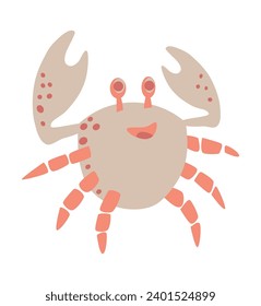 Funny crab. Light orange crab smiling and raising up claws. Vector illustration on white background.