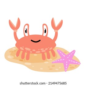 Funny crab on beach. Pink seashell with claws walks along coast. Cute children drawing. Sand with starfish. Flat cartoon