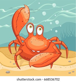 Funny crab on the seabed. Vector illustration.