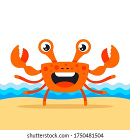 funny crab on the seashore. Flat character vector illustration.