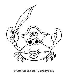 Funny crab pirate cartoon characters vector illustration. For kids coloring book.