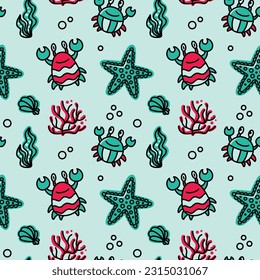 Funny crab and sea life. Children's print on a turquoise background. Seamless pattern.