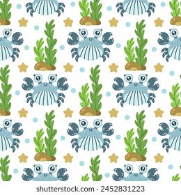 Funny crab seamless vector pattern. Cute sea animal in a shell, with claws. Friendly ocean creature swims among algae, starfish, bubbles. Hand drawn aquatic pet. Marine life background for kids