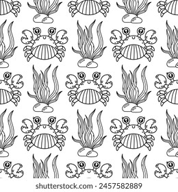 Funny crab seamless vector pattern. Aquatic animal in a shell, with claws. An ocean creature swims on the seabed among seaweed. Coloring book for kids. Hand drawn outline, marine background