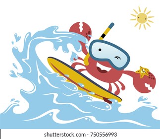 Funny crab wearing diving goggles surfing with little starfish, vector cartoon illustration