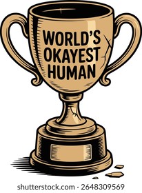 Funny cracked trophy reads Worlds Okayest Human. Perfect for humor designs award illustration gold