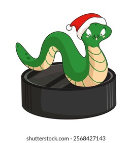 Funny crawling snake with santa claus hat on a hockey puck. Symbol of the New Year. 2025 New Year. Isolated сute cartoon green baby snake. Clipart. Vector illustration.   