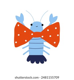 Funny crayfish with big red bow tie. Childish print. Vector hand drawn illustration.