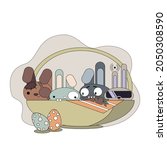 Funny crazy bunnies in easter basket and eggs flat vector illustration
