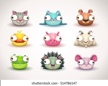 Funny crazy cartoon animal faces icons set. Vector illustration