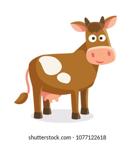 Funny crazy cartoon brown cow portrait with big eyes isolated