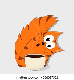 Funny crazy cat with cup of coffee. Cartoon character. Isolated