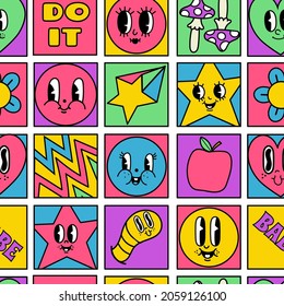 Funny crazy characters seamless squares mosaic pattern. Geometric psychedelic comic shapes with 50s retro cartoon faces vector wallpaper set. Star, heart and worm with happy expression