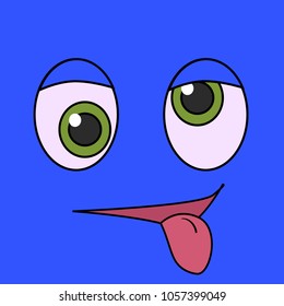 
Funny crazy emoji smile with oblique eyes and protruding tongue from emotions set. Isolated on blue background.