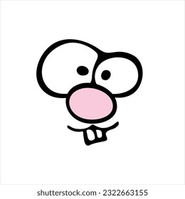 Funny crazy eyes with pink nose and two teeth. Like  rabbit or hare or rodent. For merch or fun illustration. doodle style. Cartoon face. Cute mascot emotion, fun emoji creator for logos and branding