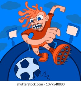 Funny crazy football player runs to hit the ball. Vector soccer cartoon