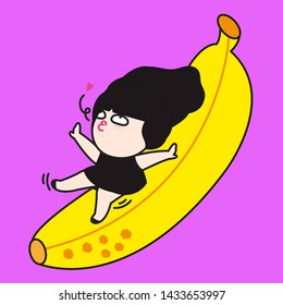 Funny Crazy Girl Sliding On Bananas Concept Card Character illustration