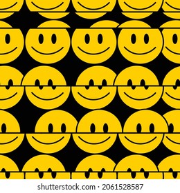 Funny crazy glitch distortion line smile faces seamless pattern.Vector crazy cartoon character illustration.Smile glitch distortion techno faces acid,trippy seamless pattern wallpaper print concept
