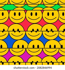 Funny crazy glitch distortion line smile faces seamless pattern.Vector crazy cartoon character illustration.Smiley glitch distortion techno faces acid,trippy seamless pattern wallpaper print concept
