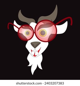 Funny crazy goat with sunglasses isolated icon on black background. Vector illustration.