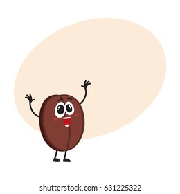 Funny, crazy looking coffee bean character with human face with raised arms, hands up, cartoon vector illustration with space for text. Crazy coffee bean character, mascot, design element