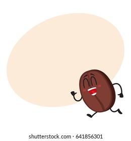 Funny, crazy looking coffee bean character with human face running, hurring somewhere, cartoon vector illustration with space for text. Crazy coffee bean character, mascot, design element