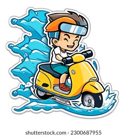 Funny crazy man riding a moped in the rain. cartoon vector illustration, label, sticker, white background