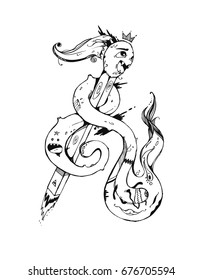 Funny crazy match inside of fire-monster. Modern abstract illustration. Can be used like sticker, cover, background. 