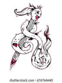 Funny crazy match inside of fire-monster. Modern abstract illustration. Can be used like sticker, cover, background. 
