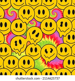 Funny Crazy Melt Smile Smiley Faces,tie Dye Seamless Pattern.Vector Tie Dye Crazy Cartoon Illustration.Smile Hippie Face,60s Smiley Acid,lsd,trippy,tiedye Seamless Pattern Wallpaper Print Concept